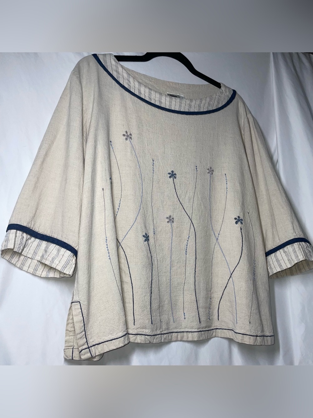 USINDO Natural Beaded Flower Blouse Linen Mixed Media Wearable Art Sz L